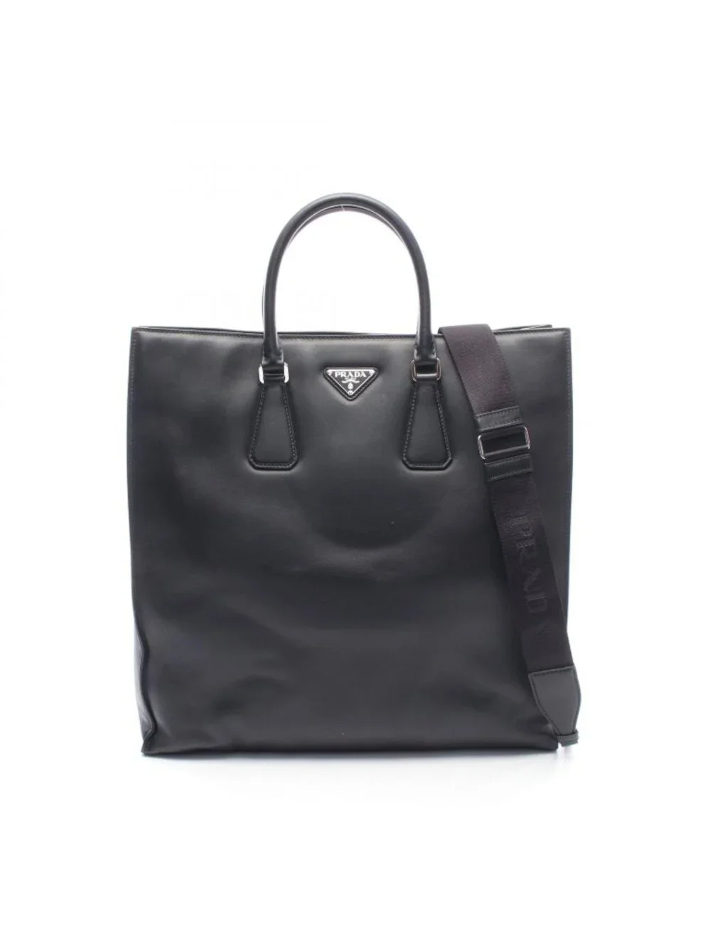 Prada Tote Bag Shopping 2-Way Black Leather Triangle Logo